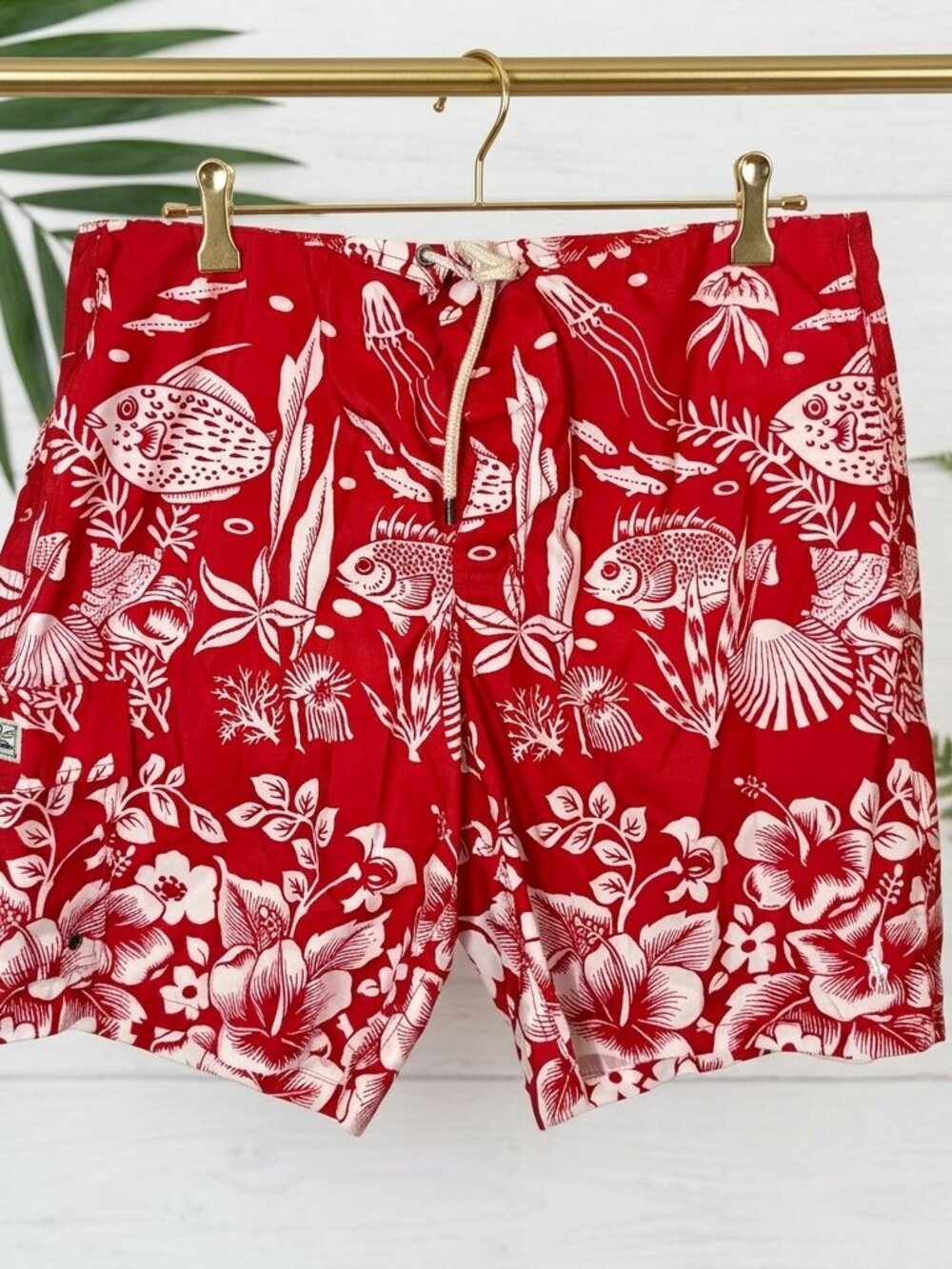 Polo Ralph Lauren Men XL Red White Fish Print Shorts Tropical Cargo Pocket